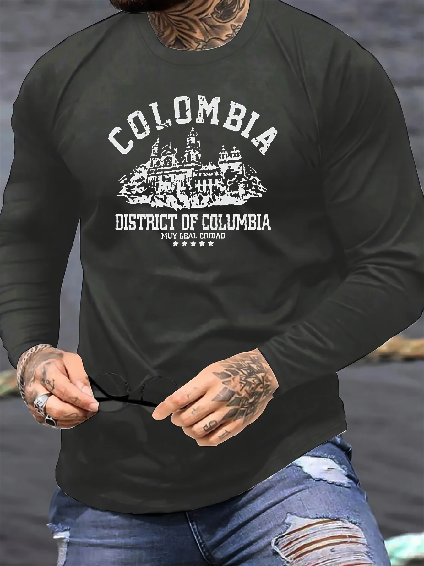 เสื้อยืดคอกลมแขนยาวผู้ชายผ้าฝ้าย 100% ลายพิมพ์สถาปัตยกรรมโคลอมเบียทรงหลวม สไตล์ลำลองอเนกประสงค์สำหรับฤดูใบไม้ร่วง/ฤดูหนาว