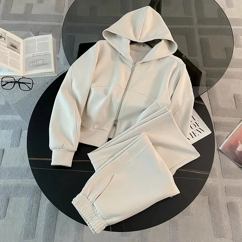 Women's Casual Sports Suit 2025 Spring and Autumn New Fashion Hooded Sweater Zipper Jacket Tops and Wide-leg Pants Two piece Set