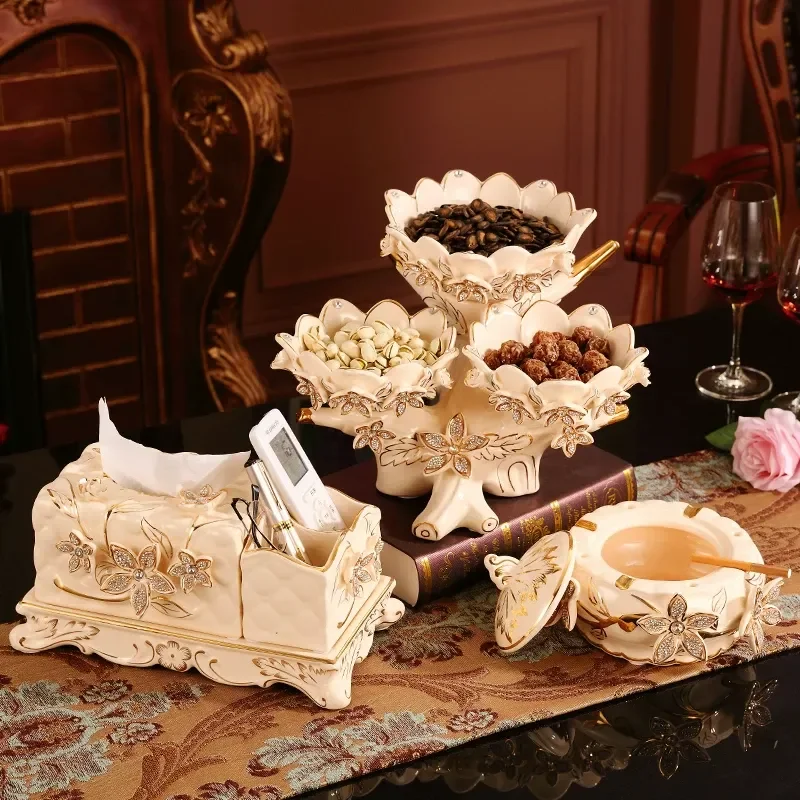 European Style Ceramic Fruit Plate Set 3 Piece Luxury Creative High End Dessert Tray for Living Room Coffee Table Home