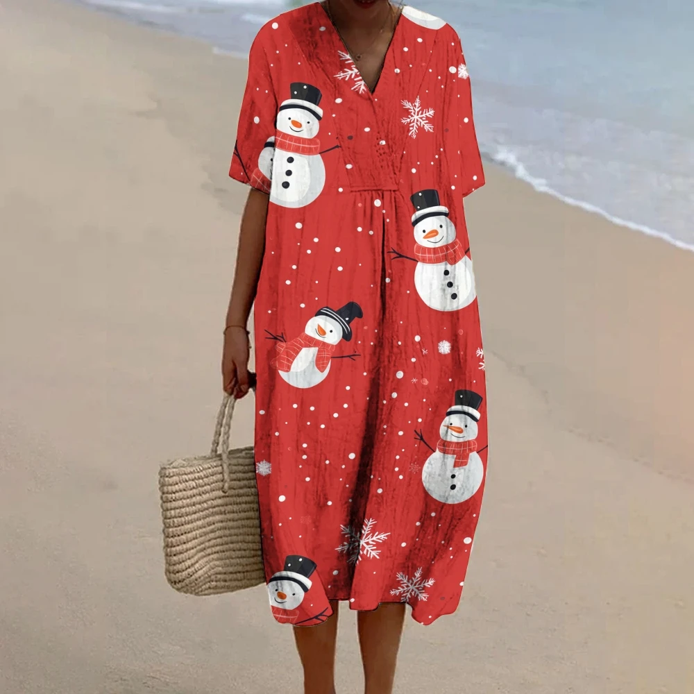 

Red Casual New Year Women's Dresses Full Printing Oversize Summer Resort Frocks V-Neck Snowman Print Half Sleeves Longuette