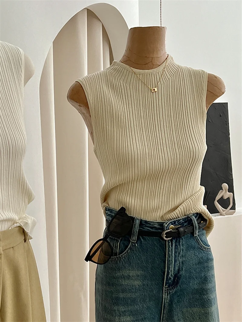 

Корейский трикотажный жилет Slim Fit для женщин, с круглым вырезом, на бретельках, модный базовый слой, летняя верхняя одежда