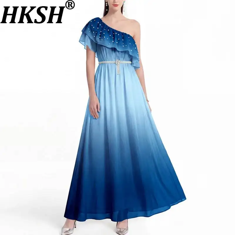 

Женское длинное платье HKSH с градиентным принтом, расшитое бисером, с открытыми плечами, с завышенной талией, плиссированное, элегантное, повседневное, летнее HK22725