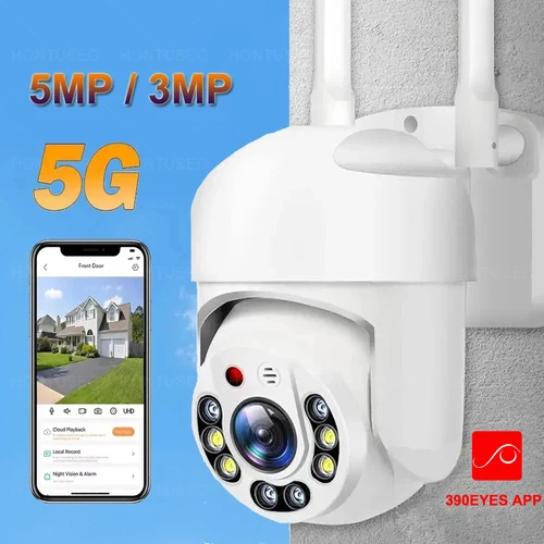 Cámara PTZ 390EYES APP 5G Wifi de 5MP con Seguimiento Automático, Audio Bidireccional, Visión Nocturna en Color, Impermeable para Exteriores, Inalámbrica, de Seguridad