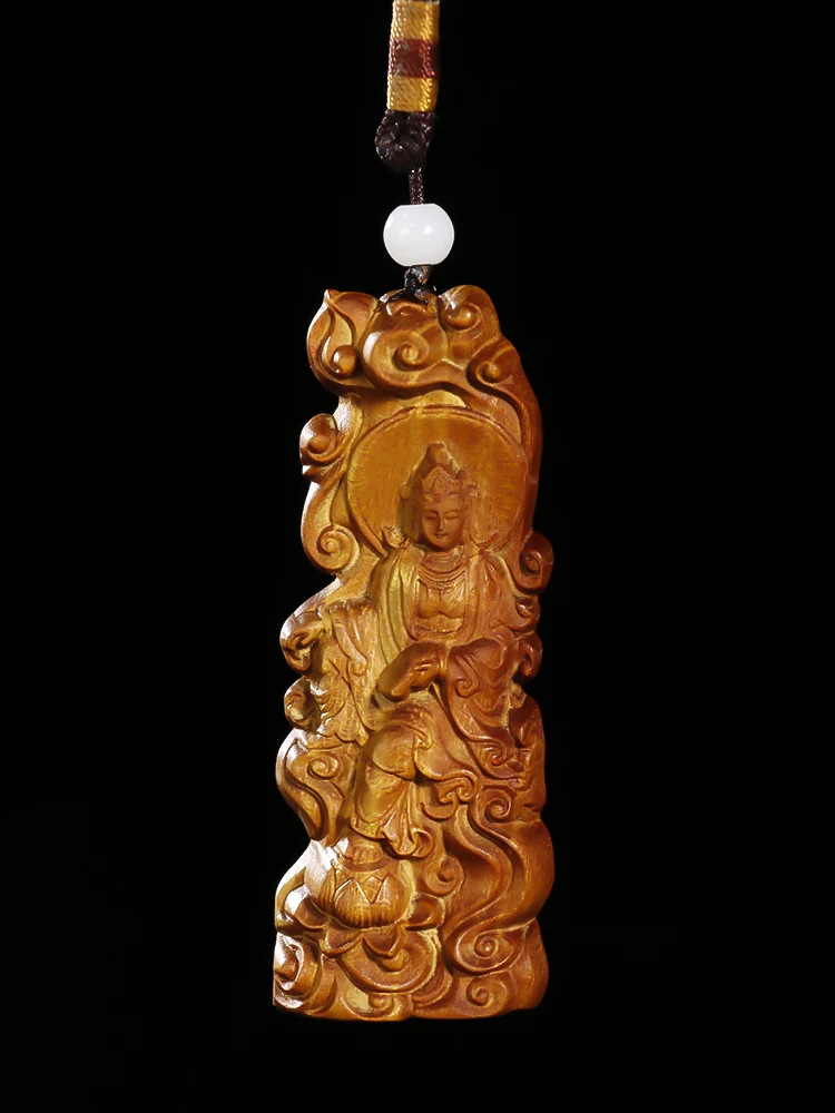 Kuan Yin Bodhisattva Wood-Crafted Statue Pendant for Cars, Embossed Tranquil Charm Accessories