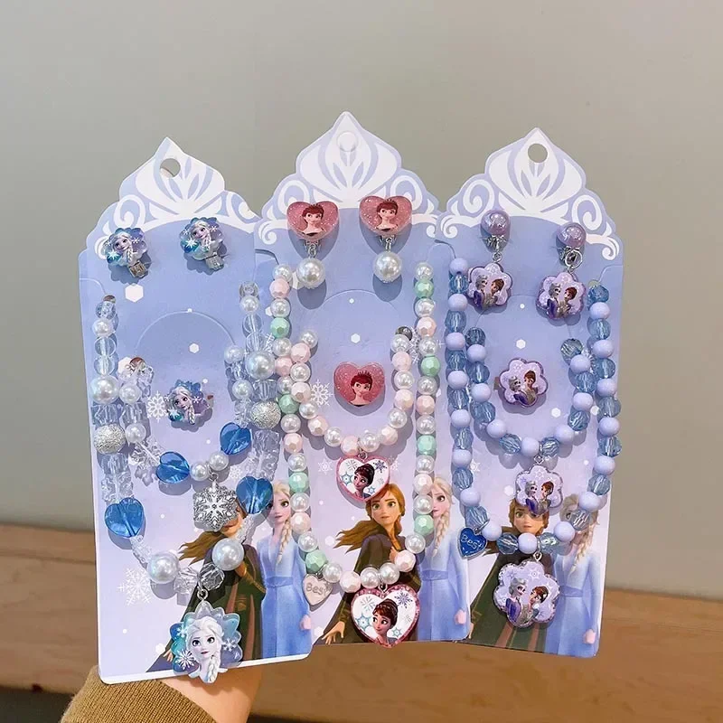 

Frozen Elsa Princess Jewelry Set Snowflake Love Pendant Bracelet Accessories Girls Ear Clip Ring Accessories