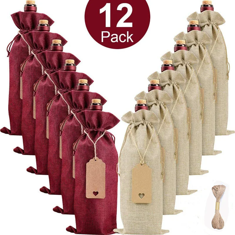 

Red Wine Hemp Cloth Bag Dstring Handheld Gift Bag with Tag Wine Bottle Bag Blind Tasting Bag Wine Paaging Handbag