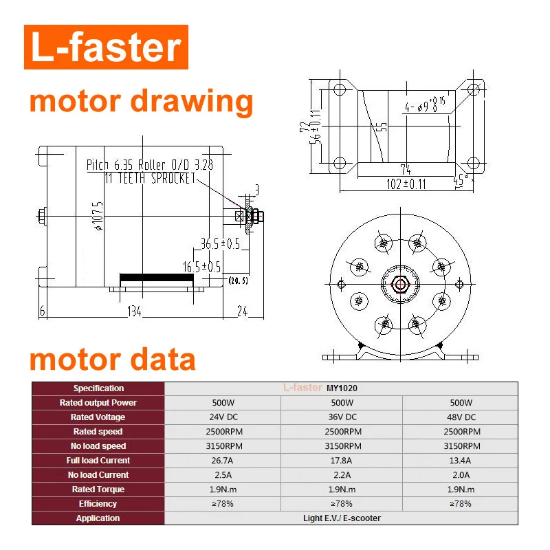 Electric Brushed Motor, Gear, 24V, 36V, 48V, 500W, 11 Tooth, 25H, T8F