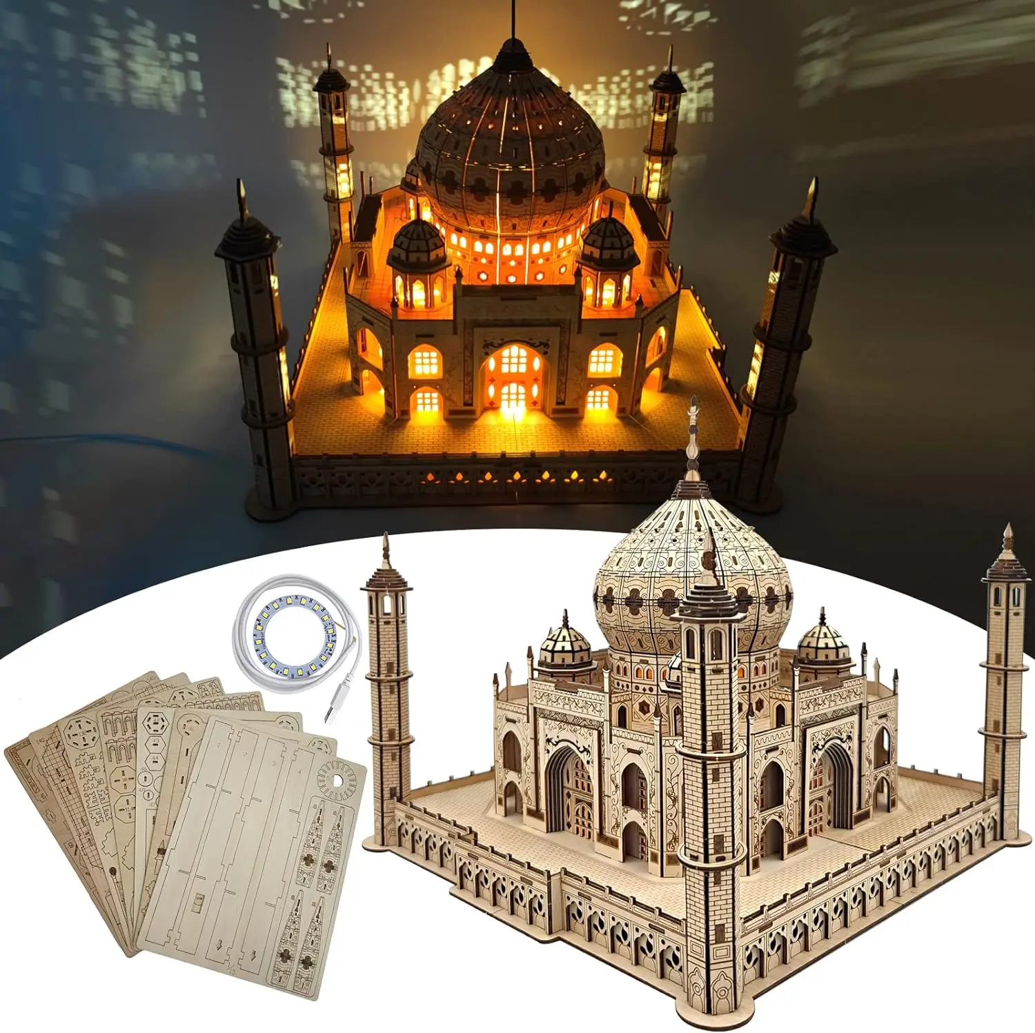 3D Puzzle Wooden House Model Royal Castle Taj Mahal With Light Wood Assembly Toy For Kids Adult DIY Model Kits for Gifts