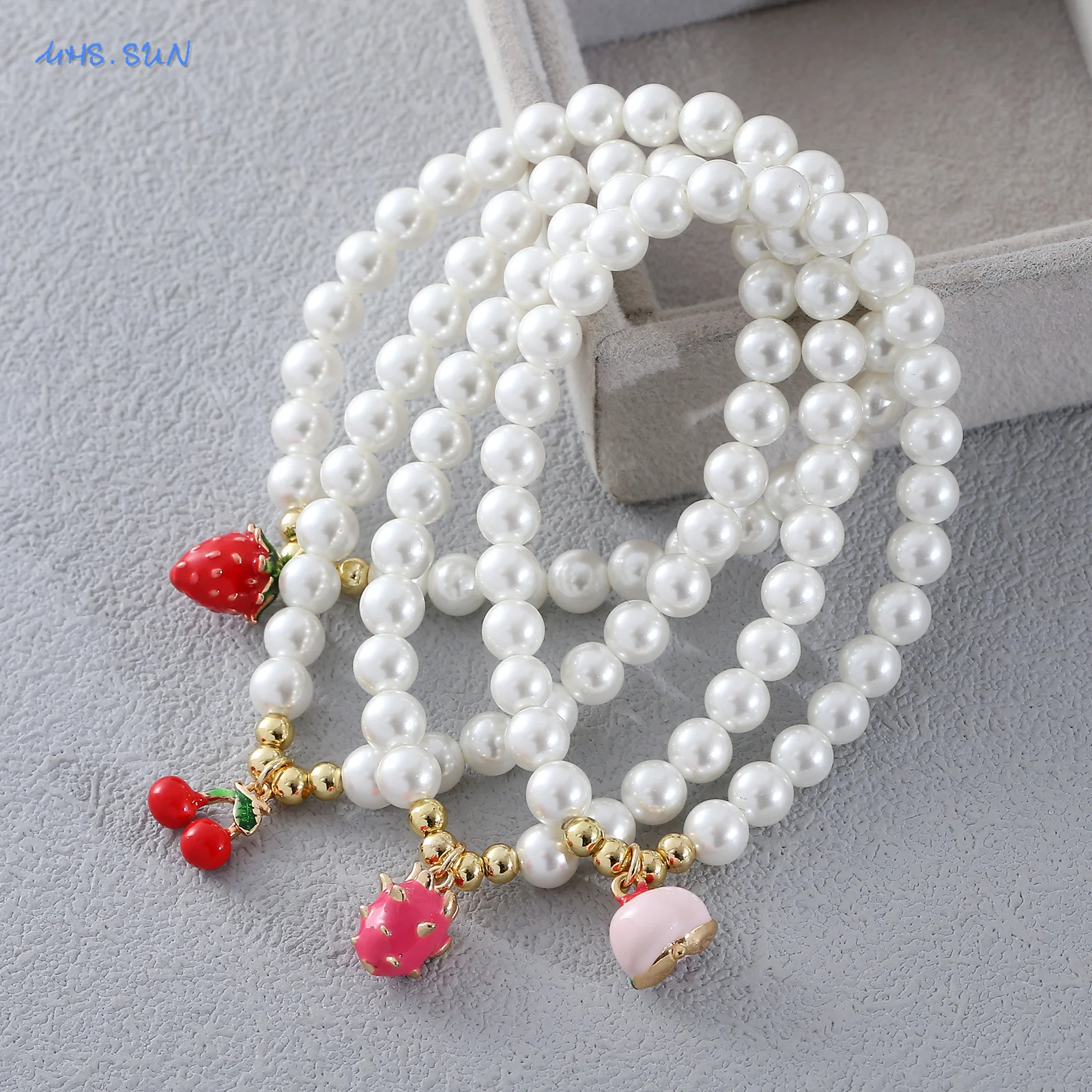 MHS.SUN White Shell Pearl Beads Bracelets For Women Girl Cute Cherry/Strawberry Fruit Charms Bracelet Birthday Party Jewelry