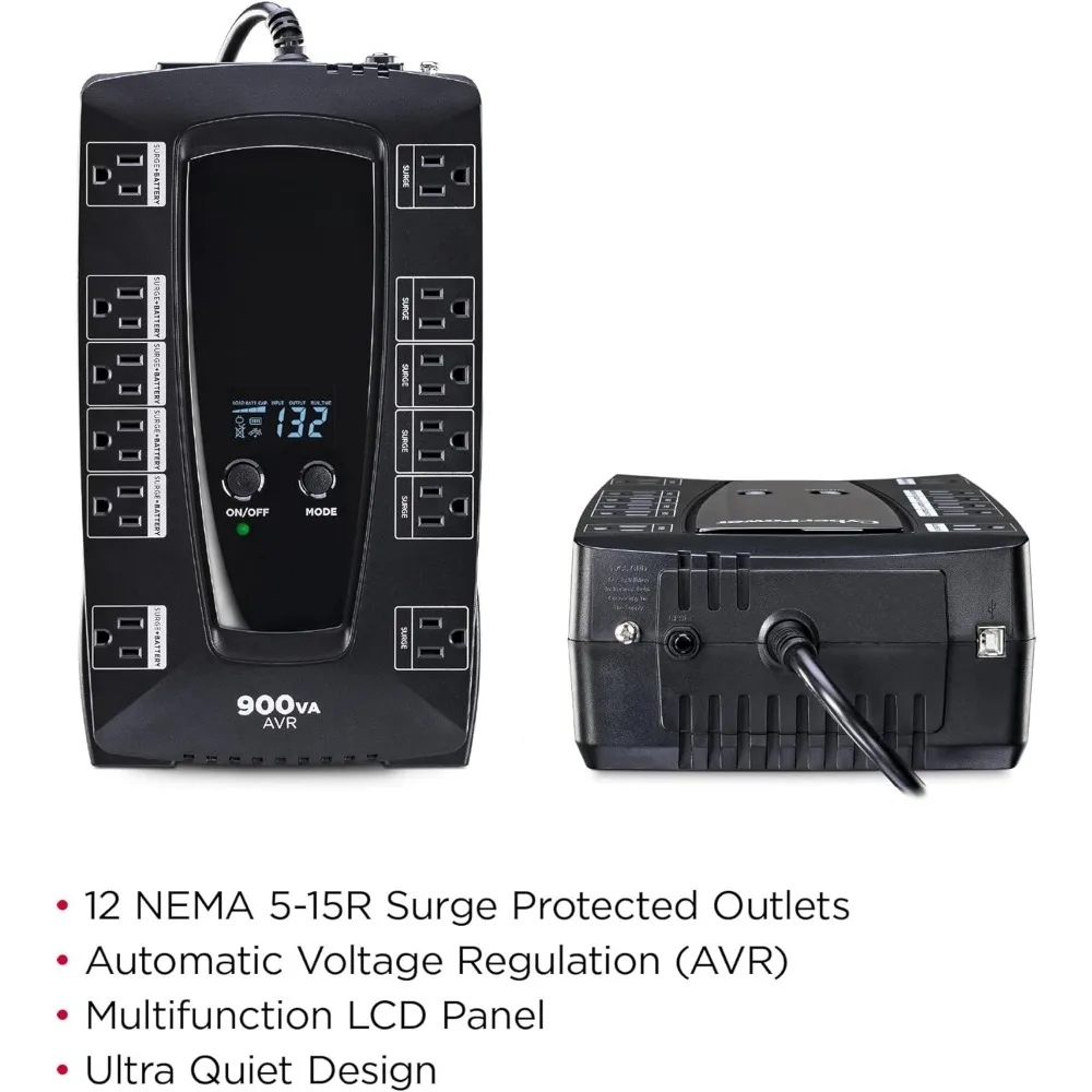 AVRG900LCD Intelligent LCD UPS-systeem, 900VA/480W, 12 stopcontacten, AVR, compact