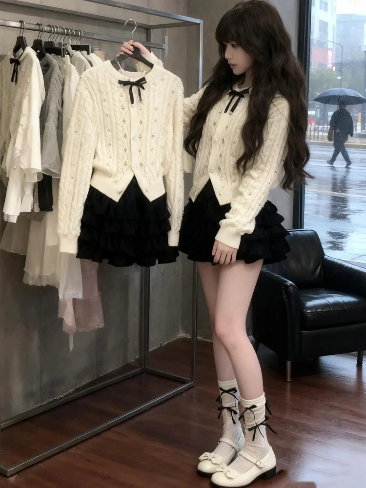 

Ele White Knitted Sweater Coat Women's Autumn Winter Faion Rhinestone Inner Wear Knot ort Sve Top