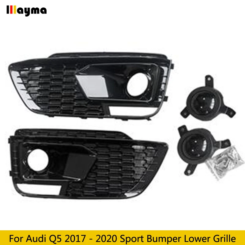 RS Style ABS Glossy Black Car Front Bumper Lower Grille Fog Lamp Frame With Fake ACC Grill For Audi Q5 Sport Type 2017 - 2020