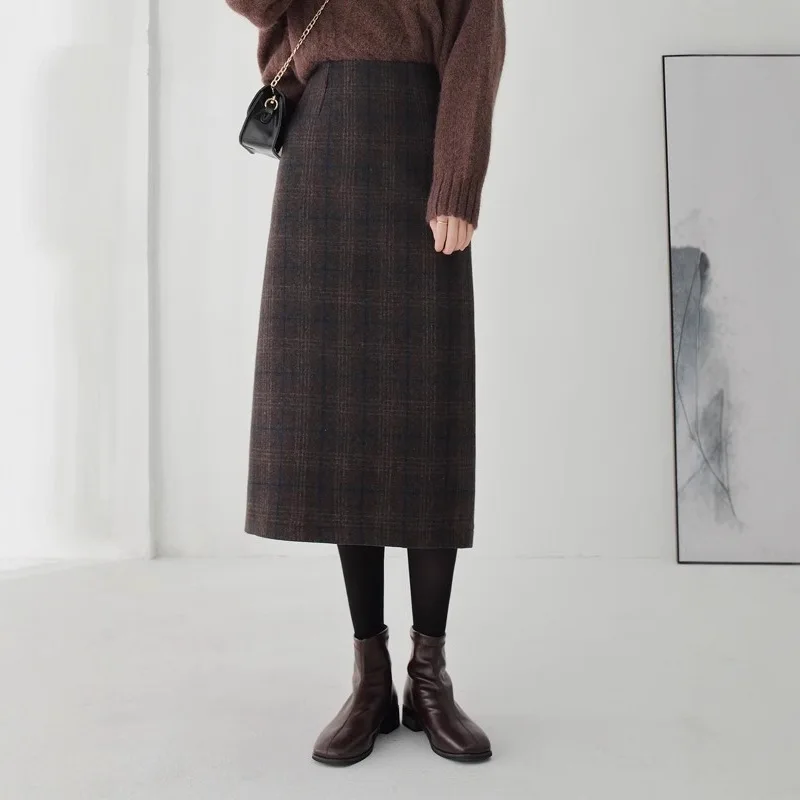 

Миниатюрная женская юбка-миди, зимняя клетчатая юбка трапециевидной формы в стиле ретро, прямая юбка