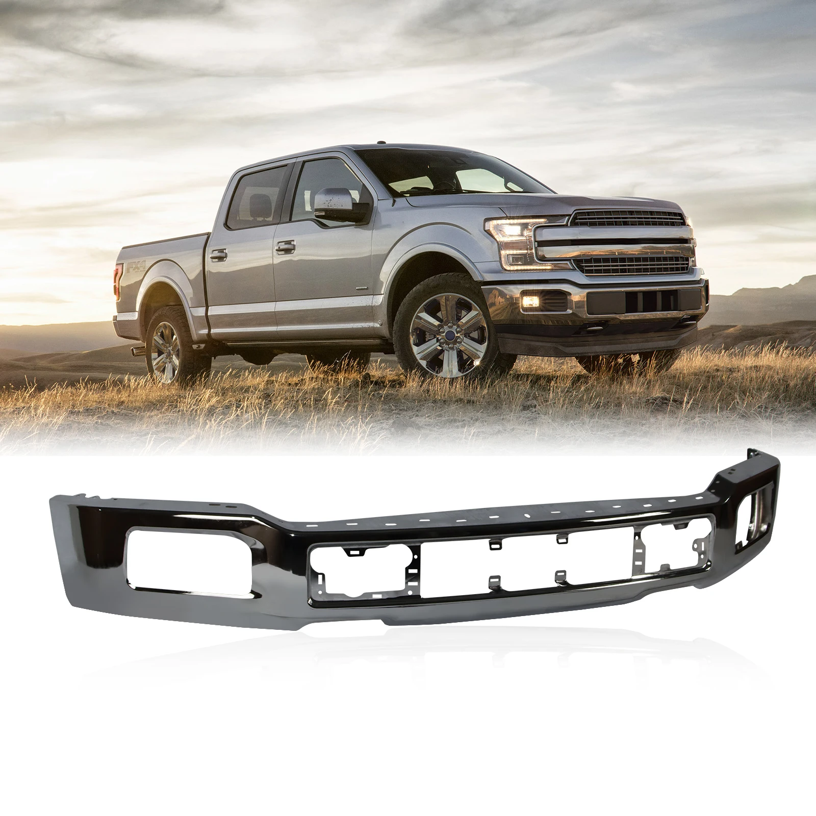 Premium Chrome Front Bumper For 2018-2020 Ford F-150 W/Fog Light Holes