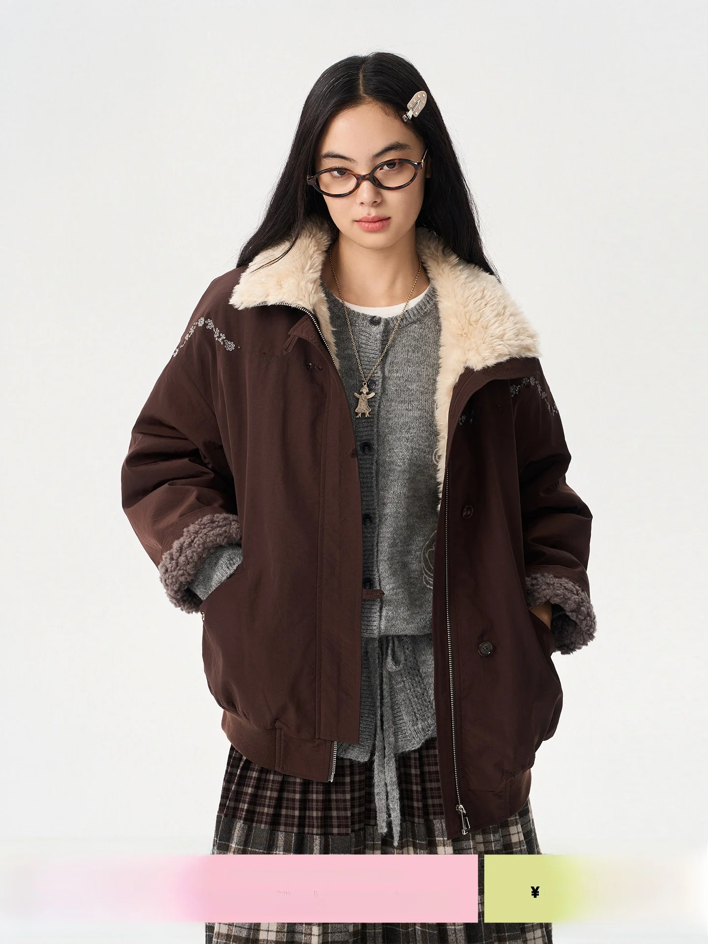 

Женская повседневная утепленная парка Heris Plu с воротником-стойкой, вышивкой цветами и ягодами, фиолетовая, с подкладкой из овечьей шерсти и хлопка