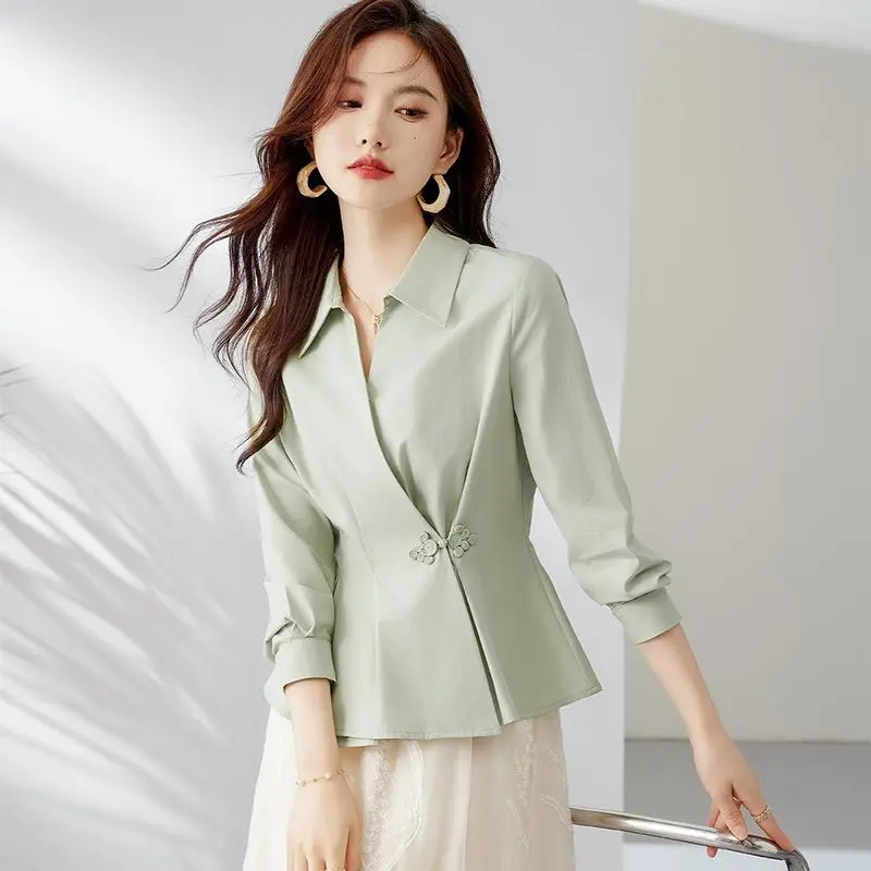 

Women's Light Green Wrap Blouse with Frog Button Detail and Turn-Down Collar Long Sleeve Chinese Style Top
