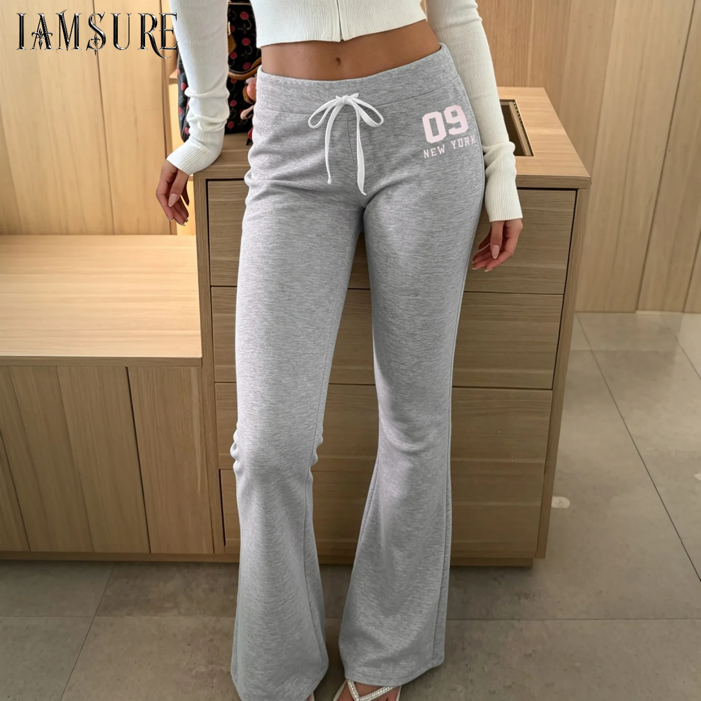 

Women's Casual Digital And Letters Print Pants Drawstring Knitted Solid Knitted Flared Trousers Street Style All Match Bottoms