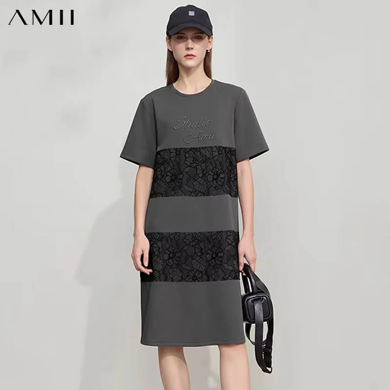

Amii Minimalist Loose Dress 2026 Summer Fashion Round Neck Letters Embroidery Lace Casual Knit Dresses Women Clothing 12542195