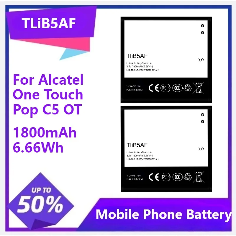

Аккумулятор TLiB5AF для Alcatel One Touch Pop C5 OT 5036 5036D 5037 5037A 5037D 5037X, аккумулятор для мобильного телефона 1800 мАч, 6,66 Втч