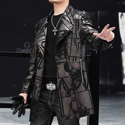 Genuine Leather Jacket Men Mid Length Suit Suede Printed Trench Coat Winter Male Slim Fit Zipper Locomotive Jaqueta Masculina