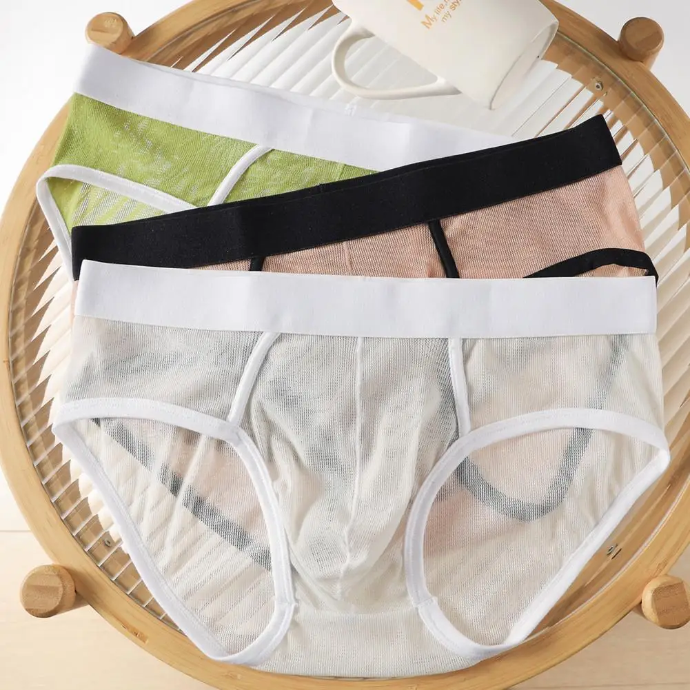 Men Briefs Low Waist Thin Perspective Mesh Yarn Breathable Panties Solid Color Design Elastic Men Underwear Sleeping Daily Wear