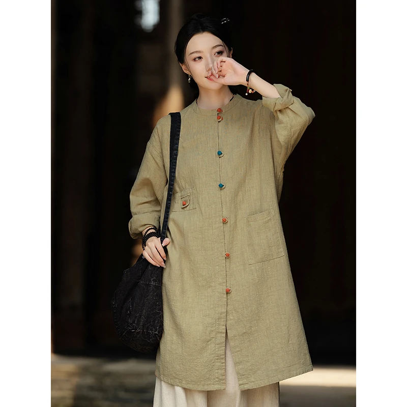 芸術スタイル春の新作女性ルーズ長袖 O ネックブラウスカジュアル良質ヴィンテージコットンリネンシングルブレストシャツ Y205