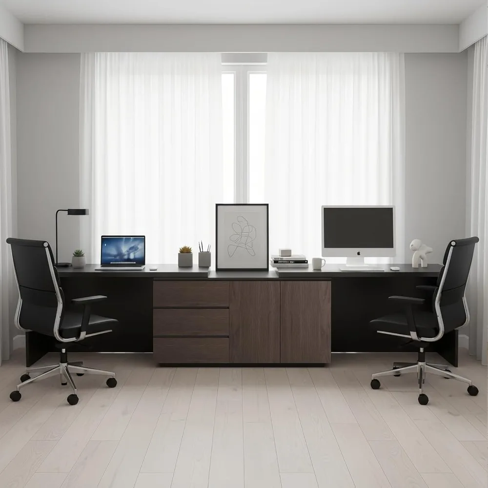 مكتب كمبيوتر طويل للغاية مقاس 135 بوصة، طاولة لشخصين مع 3 أدراج وبابين للخزانة، طاولة تعلم لمحطة العمل المزدوجة للعائلة