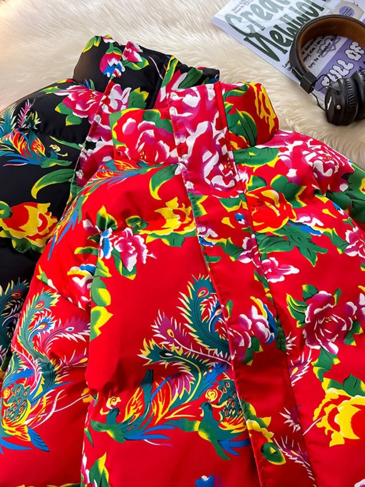 

Thickened Winter Cotton Jacket for Men Couples Fenghua Brand Stand Collar Red Polyester Fiber Casual Warm Outerwear