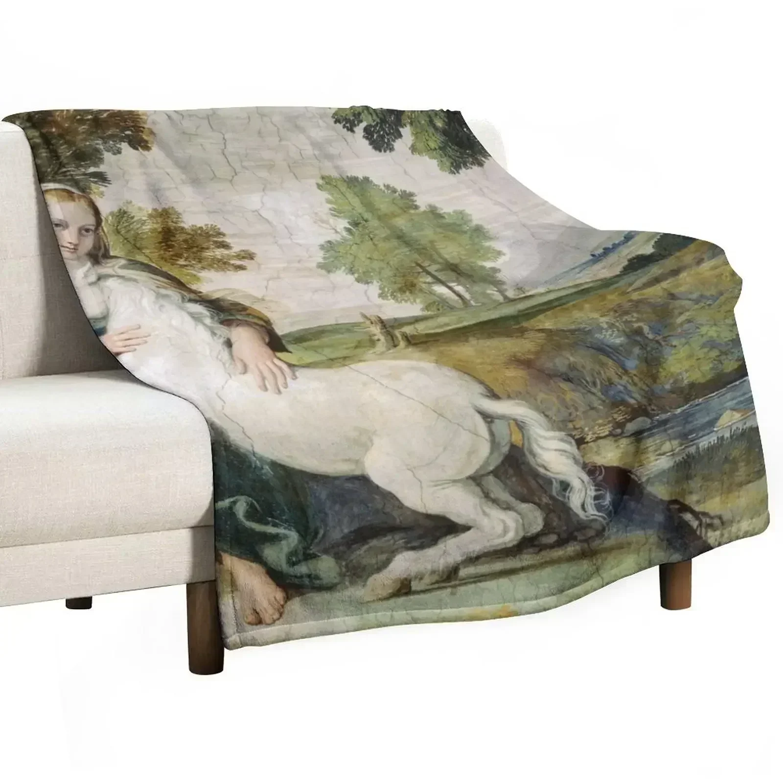 THE MAIDEN AND THE UNICORN IN LANDSCAPE Throw Blanket Polar Soft Plush Plaid Heavy Multi-Purpose Quilt Bed linens Blankets