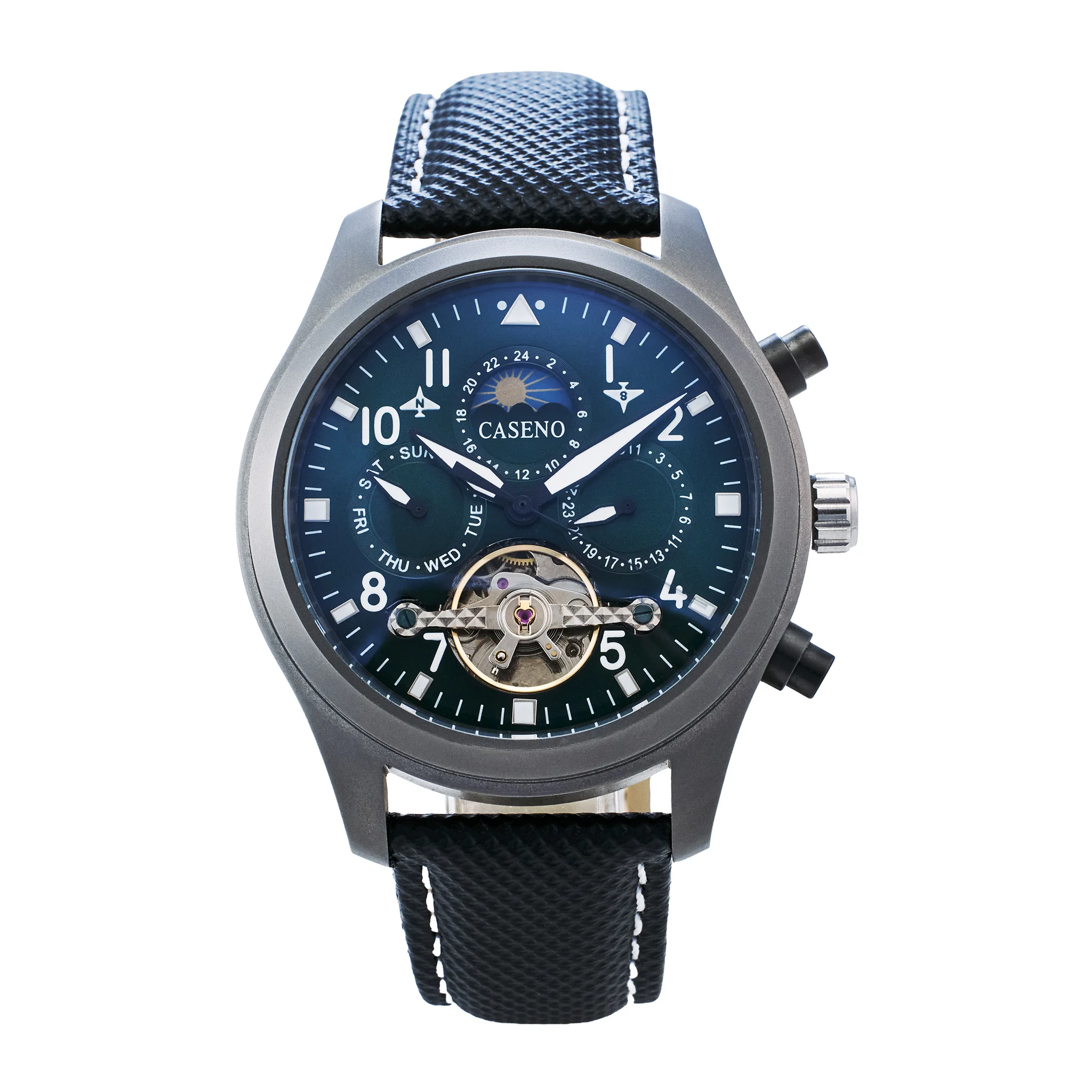 CASENO Men's Flying Tourbillon Automatic Mechanical Watch Waterproof Luminous Moon Phase Fashion Timepiece
