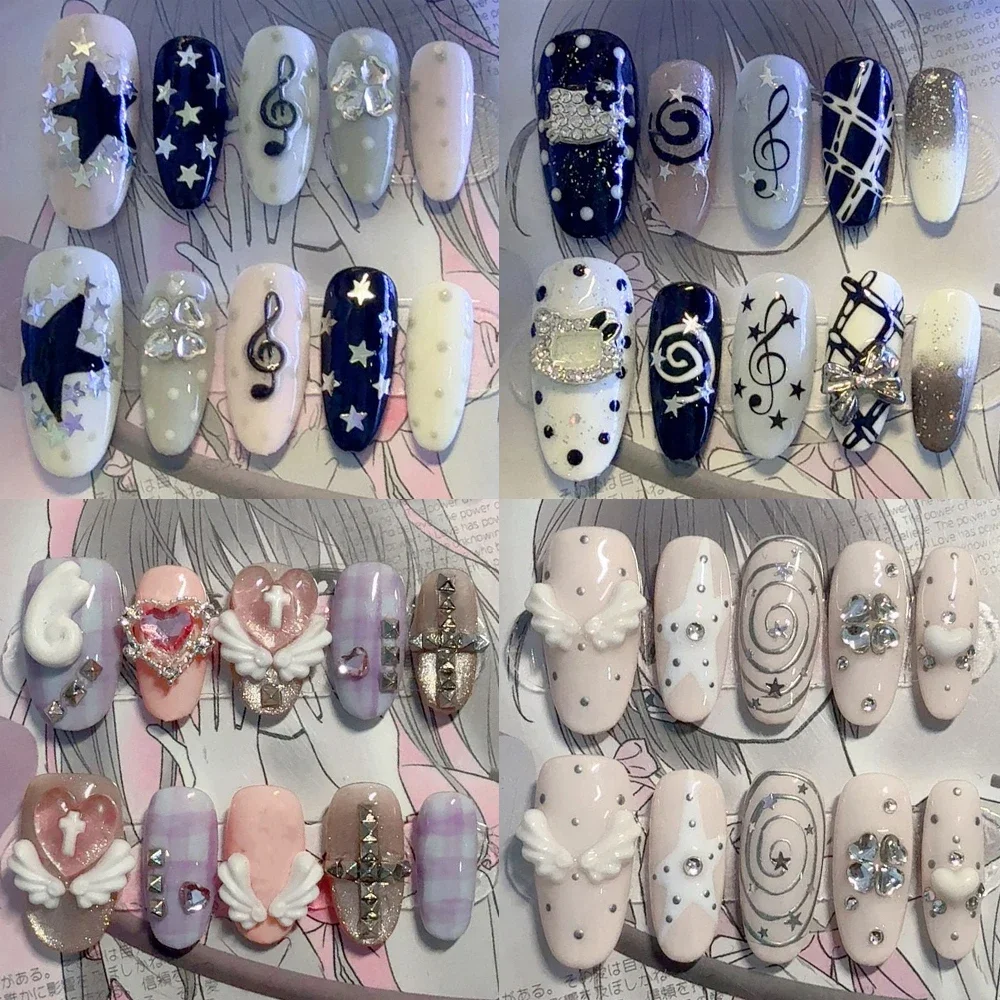 

10Pcs Y2K Sweet Lovely Ellipse Handmade Wearable Full Cover Nails Shining Stars Diamond Wings Flower Wave Point Press On Nails