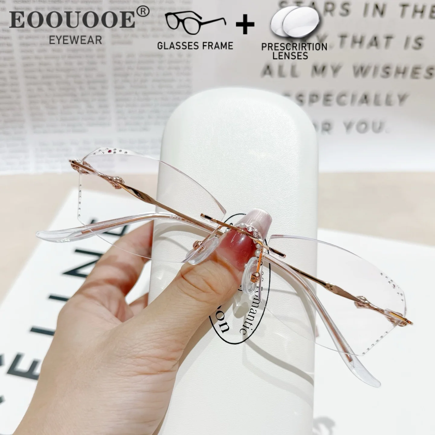 

Women Customized Luxury Eyeglasses Diamond Rimless Gradient Tinted Lenses Prescription Glasses Myopia Progressive Eyewear