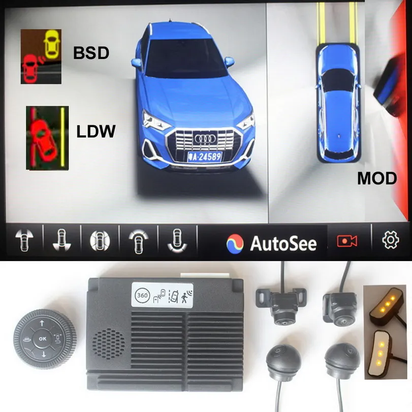 3D car 360 degree Camera BSD LDWS MOD system panorama view auto birds eye AVM around monitoring warning lane line change sensor