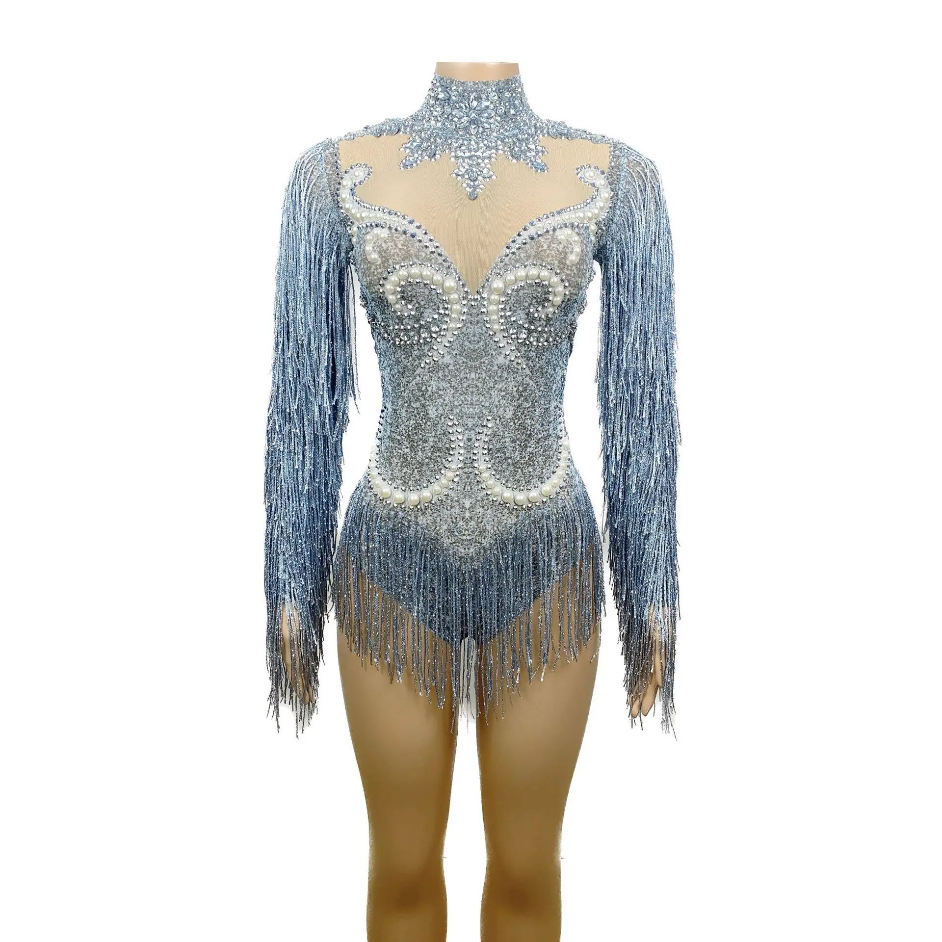 Robe en dentelle transparente à manches courtes avec pompons personnalisés, maille, haute élasticité, paillettes, sexy, robe de soirée serrée, robe de performance sur scène, nouveau