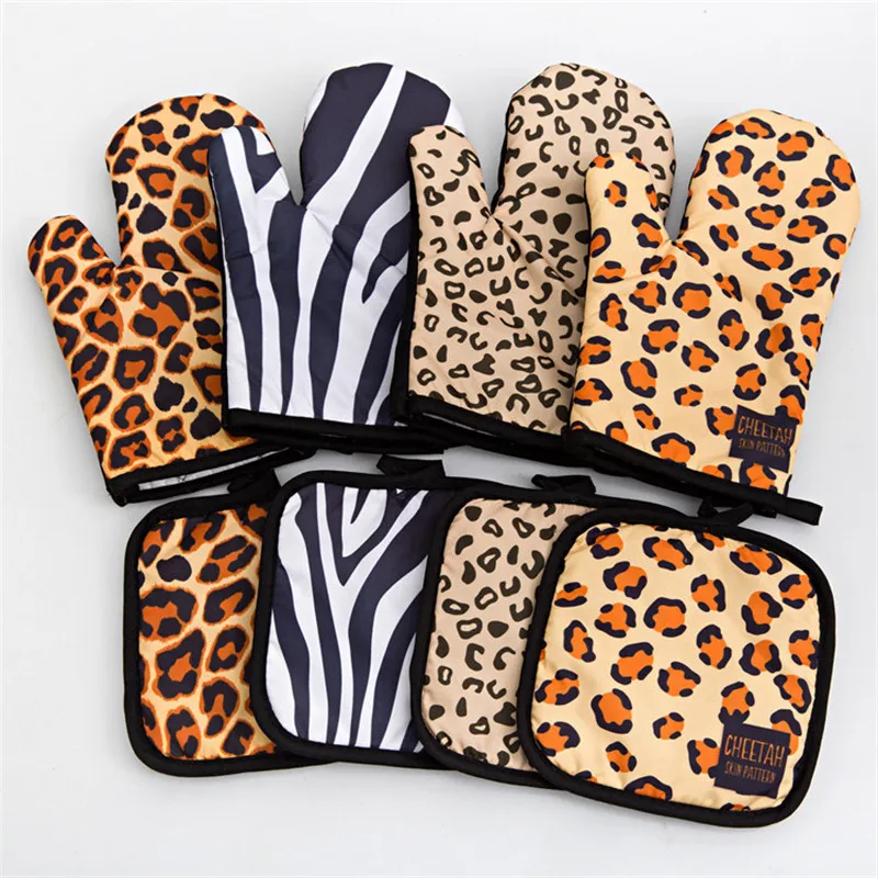 2Pcs Leopard Zebra Pattern Oven Glove Microwave Anti-Hot Insulation Mat BBQ Oven Kitchen Cooking Cake Baking Mitts Home Supplies