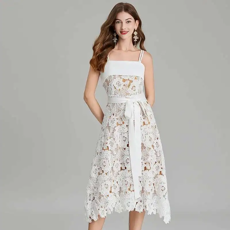 Summer Holiday Sundress Straps Sexy Backless Flower Embroidery White Lace Dress Women A Line Party Wedding Vestidos