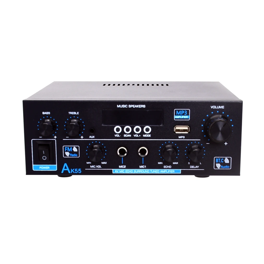 AK55-amplificador de Audio con Bluetooth 5,0, miniamplificador HiFi estéreo con máx. 450W, 2,0 canales, receptor de 220V, 110V /12V