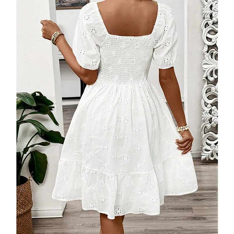 우아한 여성 여름 미니 드레스 섹시한 흰색 스퀘어 칼라 허리 Cinched Beach Sundress Boho Hollow Flower 반팔 드레스