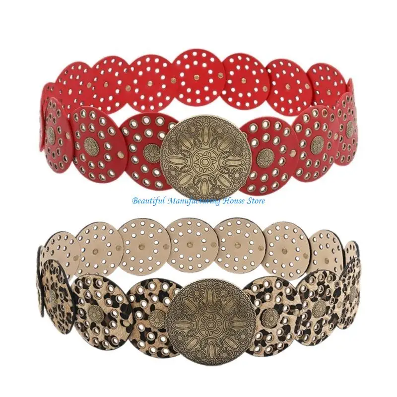 

E56A Engraved Buckle Round Disc Belt for Women Goth Waist Belt 2000s Hollowout PU Belt for Teens Girl Western Cowboy Waistband