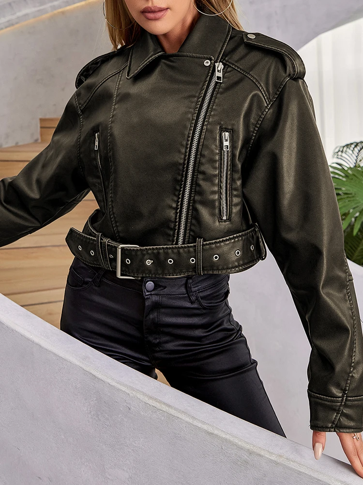 Ailegogo Vintage Women Loose Long Sleeve Pu Faux Leather Short Jacket with Belt Streetwear Female Retro Moto Biker Coat Outwear