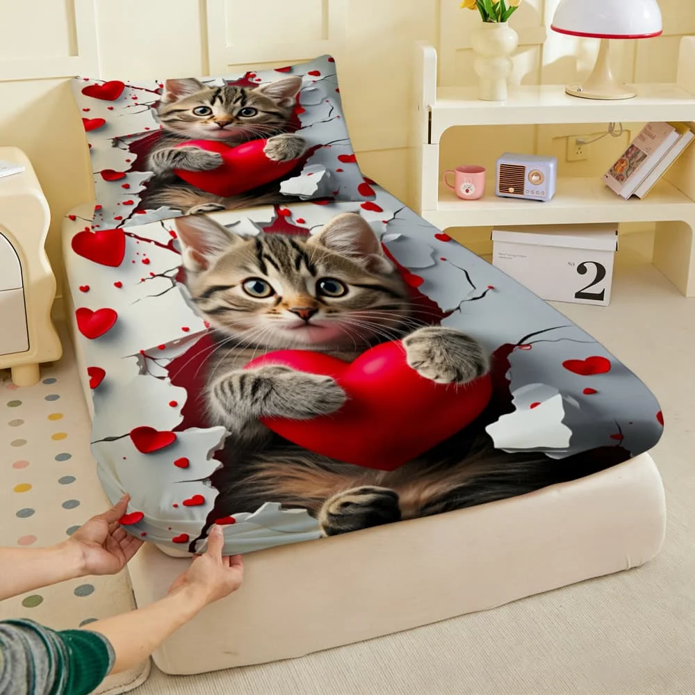 1pc Tabby Cat with Red Heart Print Fitted Sheet Deep Pocket Elastic Mattress Cover Single Double Queen King Bedroom Decor