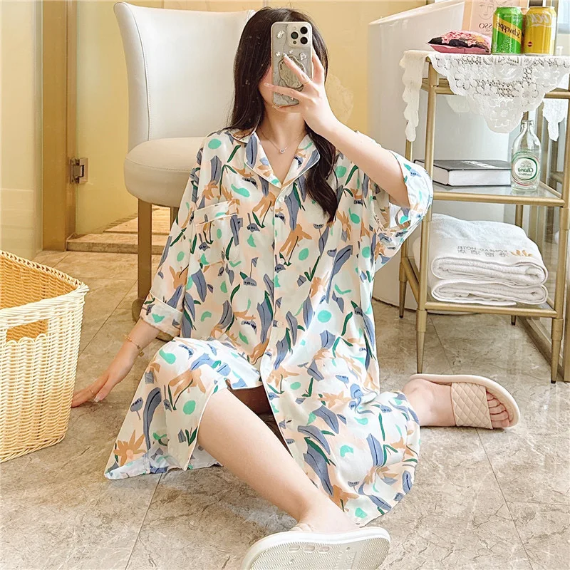 Lapel Sleep Shirt Women Kimono Dressing Down With Buttons Viscose Summer Nightshirt Printed Flower Nightgown Casual Lingerie