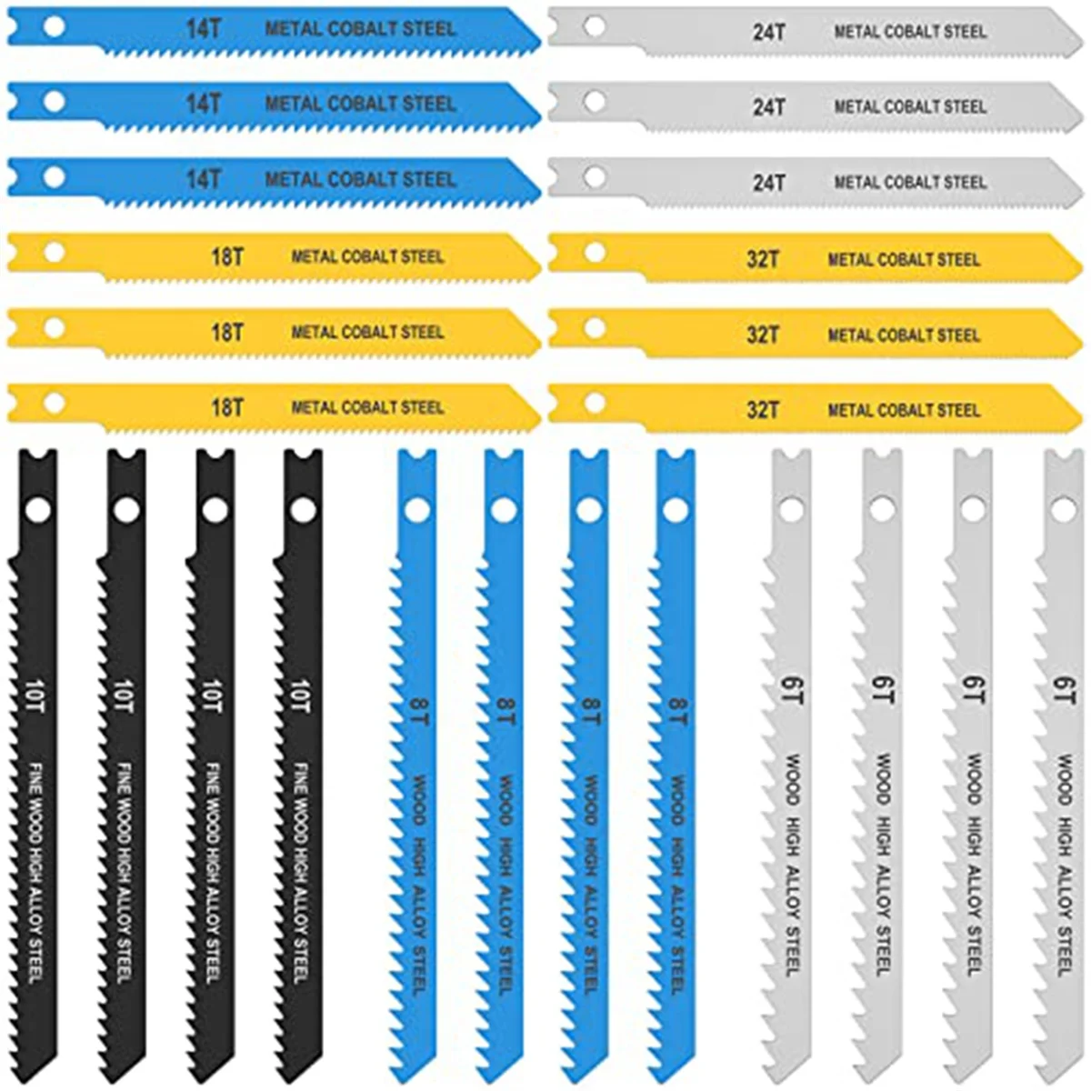 

24PCS Jig Saw Blade Set, High Assorted Saw Blades,For Wood Metal Plastic Cutting Includes 6T 8T 10T 14T 18T 24T 32T