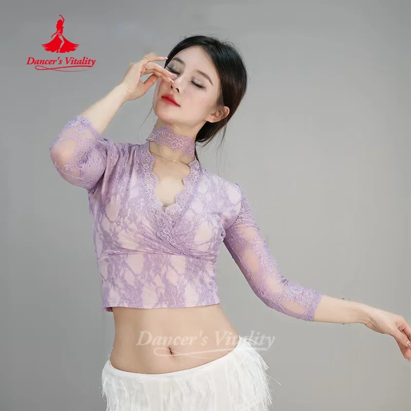 BellyDance Übungskleidung für Damen, hochwertig, sexy Spitze, V-Ausschnitt, langärmelig, Oberteil, Tänzerin, Trainingskleidung, Tanzkostüm für Erwachsene