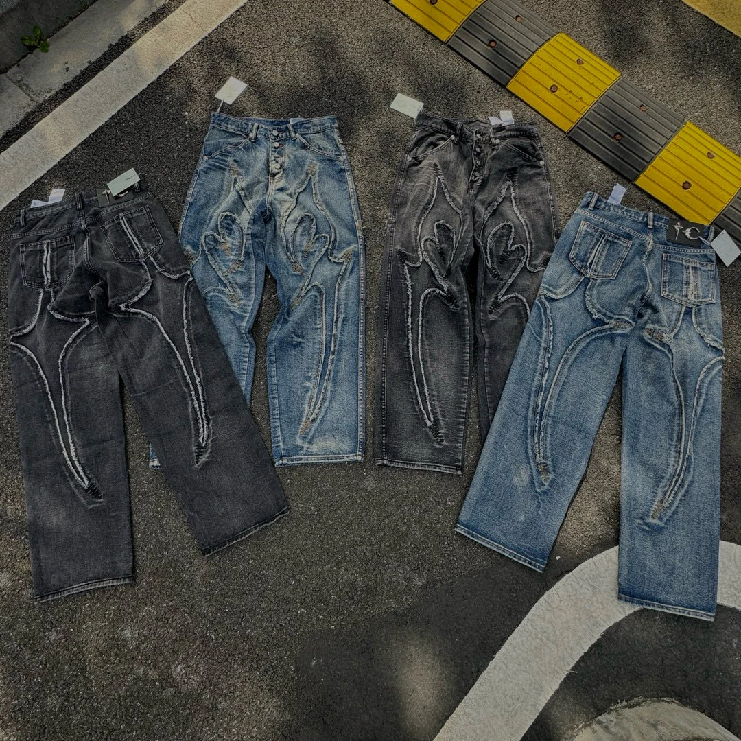 

American Thug Club Wide Leg Laser Splicing Scythe Pattern Embroidery mid Waist Jeans Youth Casual Wear Resistant Summer Jeans