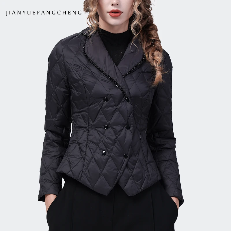 

Fashion Suit Collar Women Down Jacket Elegant Slim Black Short White Duck Down Padded Puffer Coat Warm Lightly Korean Jackets