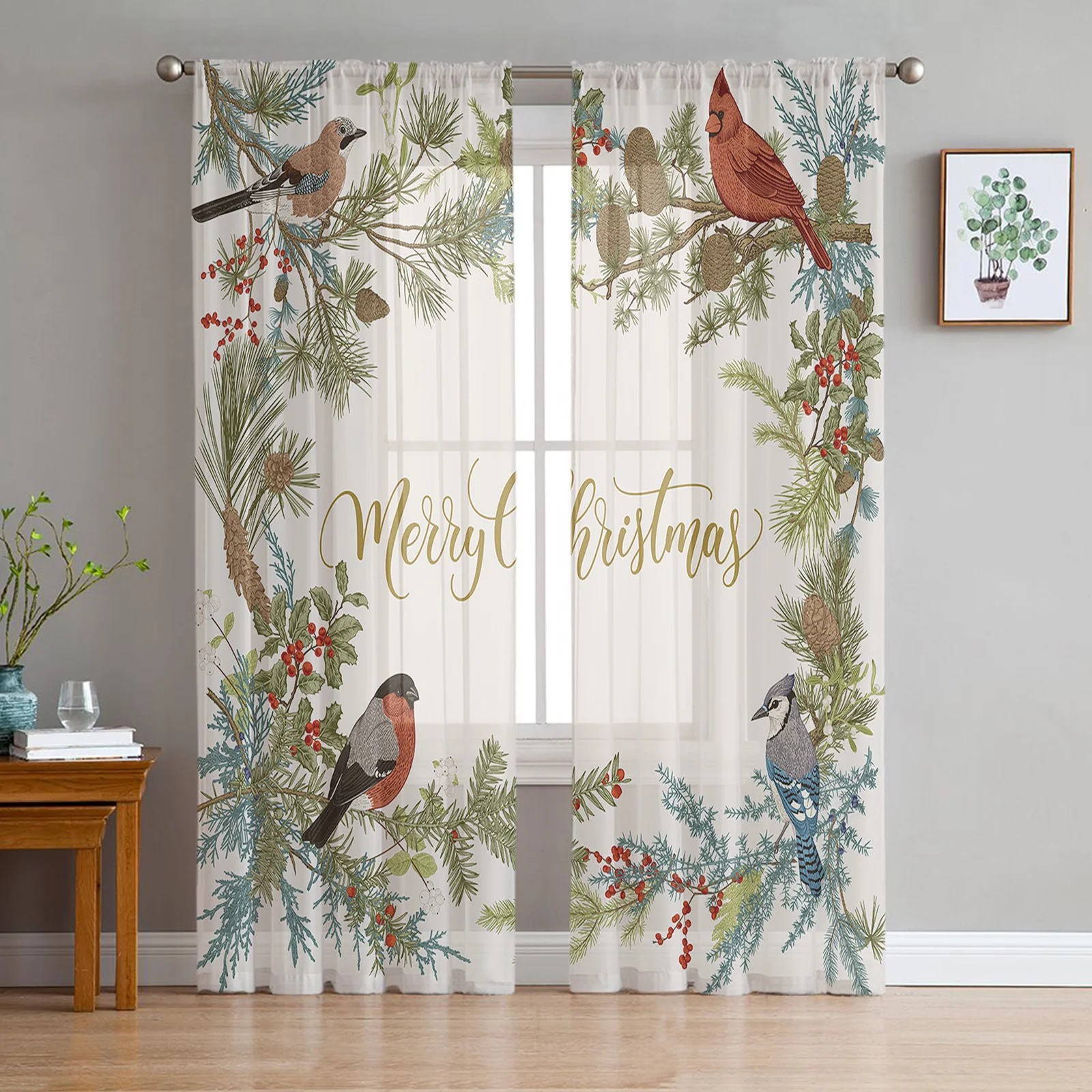 Christmas Pine Branches Pine Cones Bird Sheer Curtains Christmas Home Decor Window Tulle Curtains for Living Room Bedroom