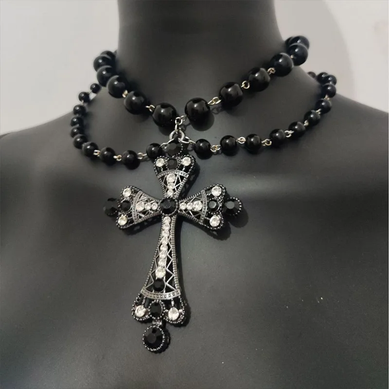 Black Pearl Collarbone Chain Gothic Beaded Cross Dark Necklace For Women Jewelry Accessories Decoration Fashion Gift