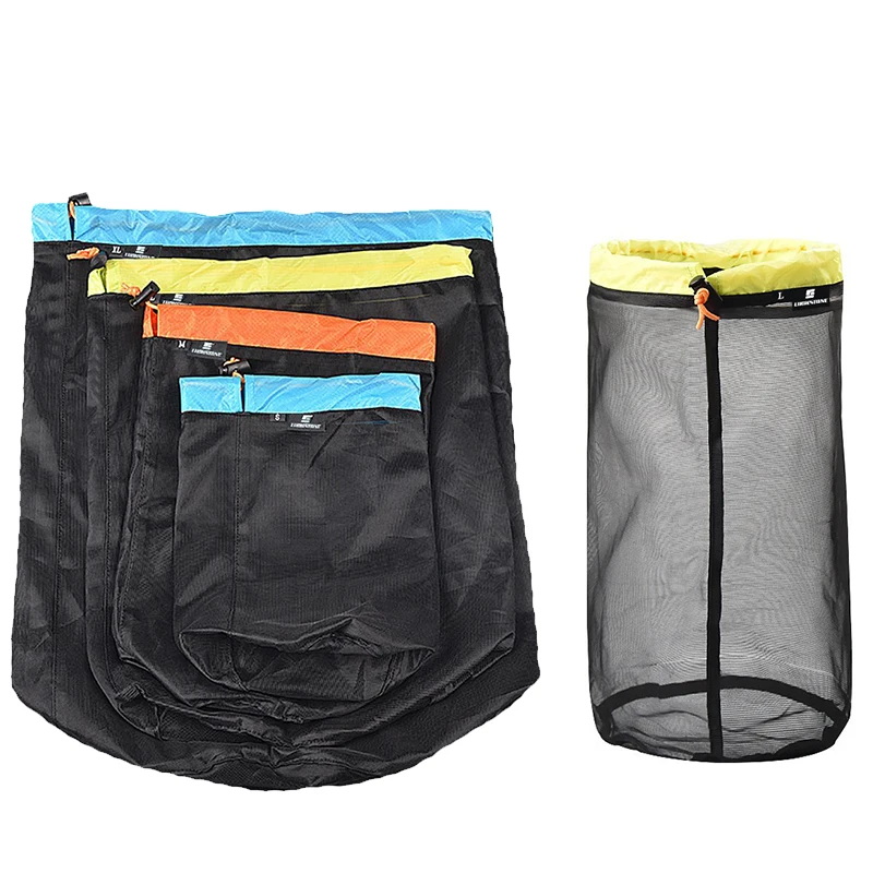 5PCS Black Wash Bag Set Outdoor Mesh Storage Bag Camping Travel Bag Lightweight Compression Bag Drawstring Closure Beach