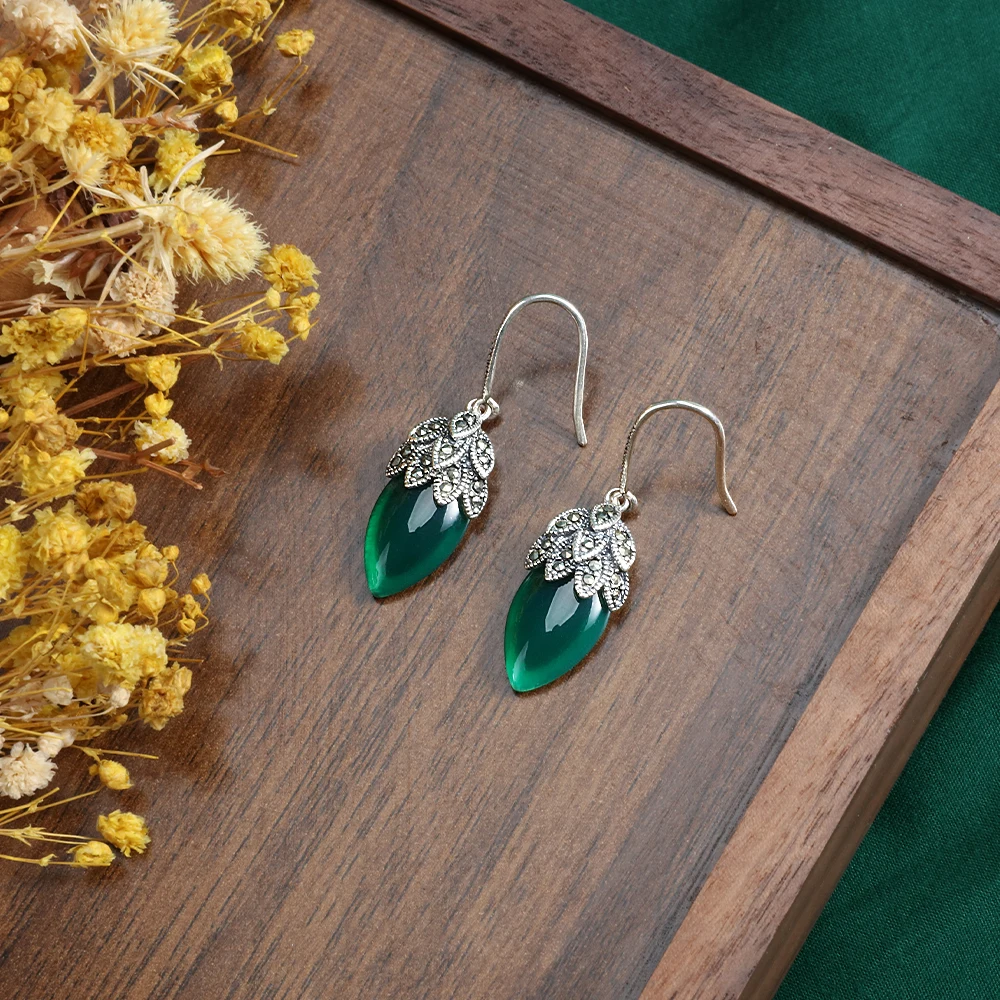 ﻿ ﻿ YYSuniee Thai Silver Solid 925 Sterling Silver Green Onyx Agate chalcedony Vintage Style Drop Dangel Earrings for Women
